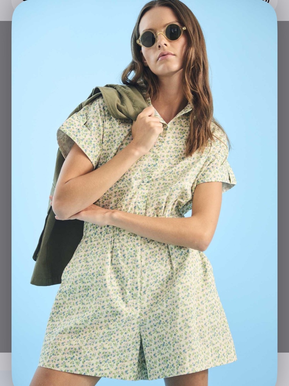 HUNTER BELL Cream Floral Short Romper with Green Print